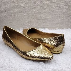 Talbots Gold Glitter Metallic Closed Almond Toe Slip On Leather Lined Flat Shoe